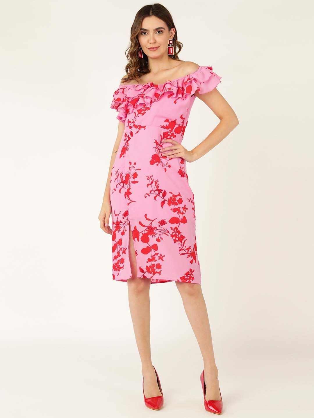 

DODO & MOA Pink & Red Off-Shoulder Crepe Sheath Dress