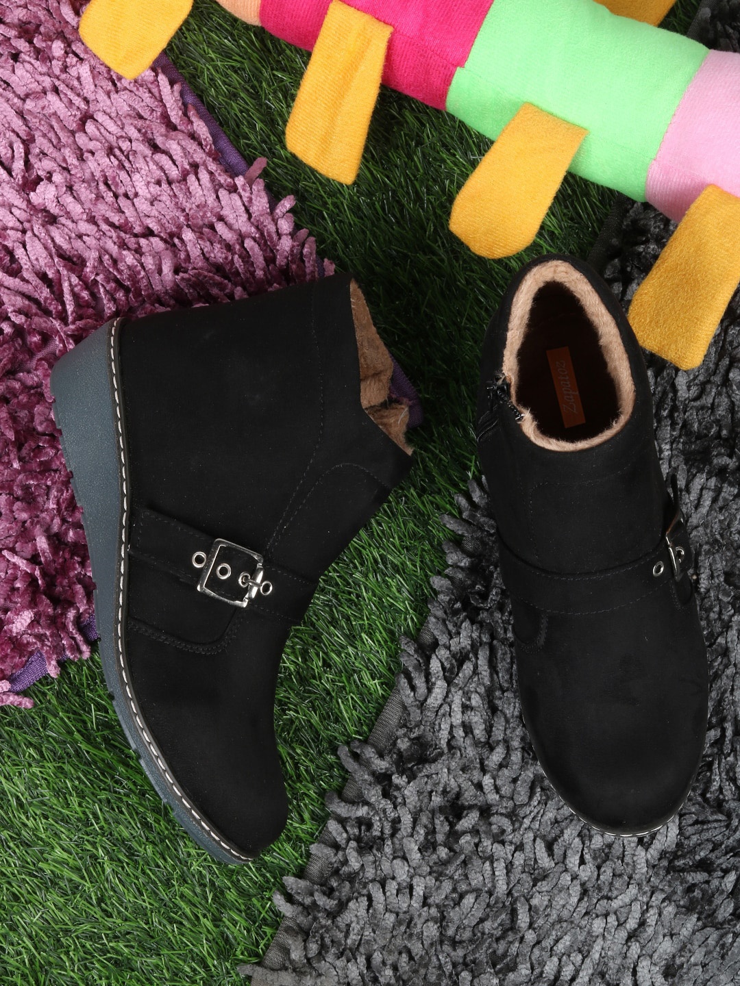 

ZAPATOZ Girls Black Suede Wedge Heels Boots with Buckles