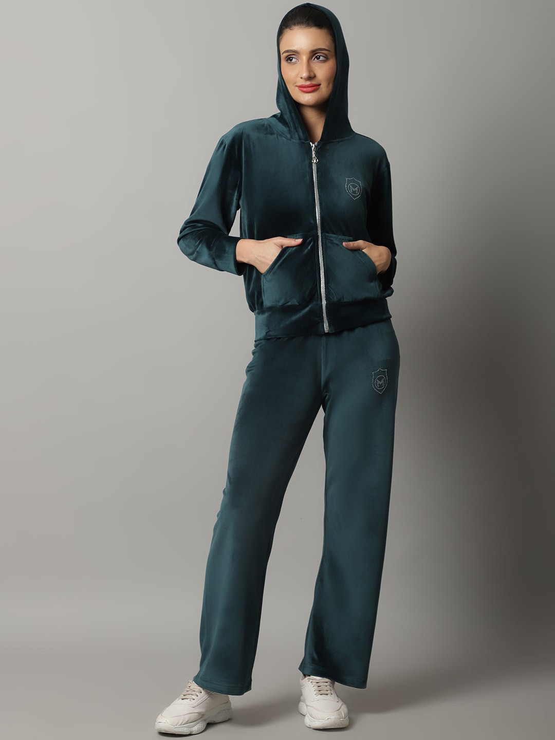 

MARC LOUIS Women Bottle Green Velvet Tracksuit