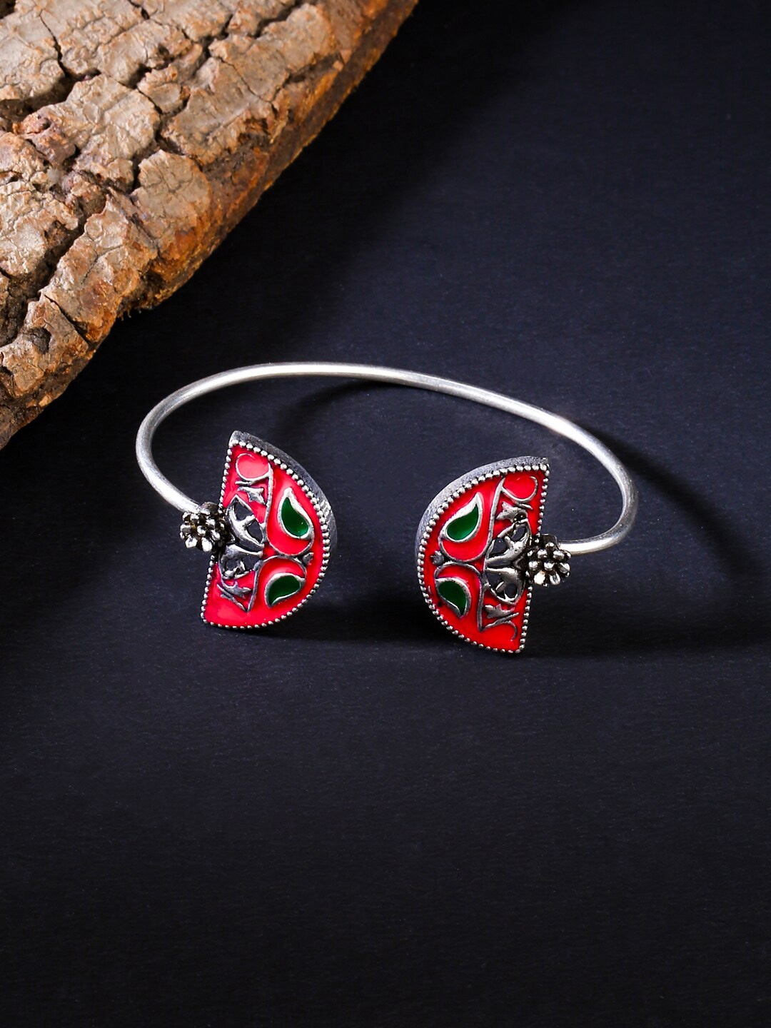

VIRAASI Women Silver-Toned & Red Brass Oxidised Cuff Bracelet