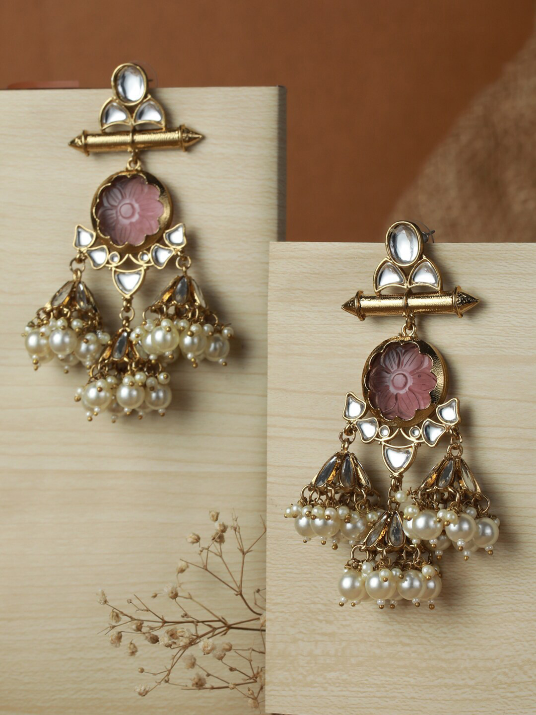 

Priyaasi Gold-Plated & Pink Contemporary Jhumkas Earrings