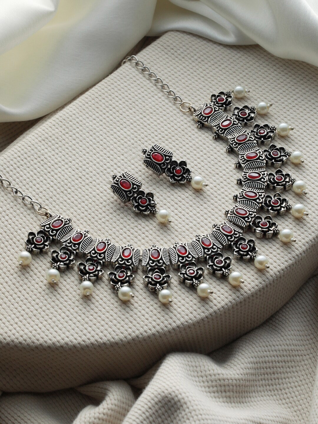 

Priyaasi Silver-Plated Pink Stone-Studded & Beaded Jewellery Set