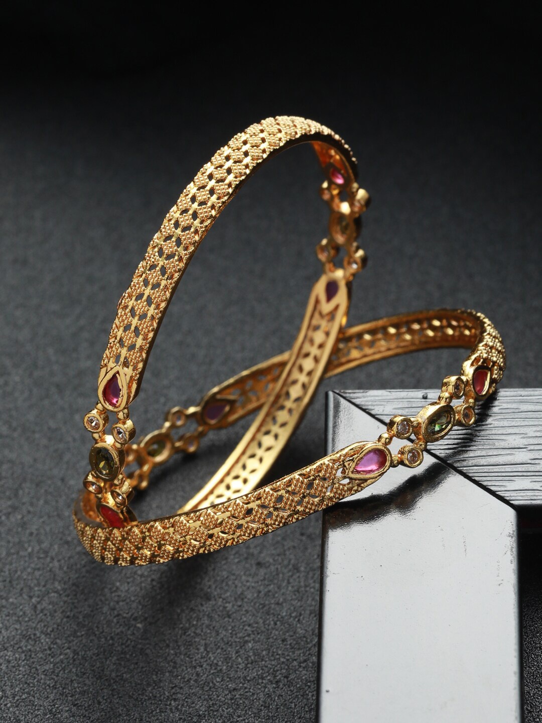 

Priyaasi Set Of 2 Pink & White Gold-Plated AD-Studded Geometric Embossed Design Bangles