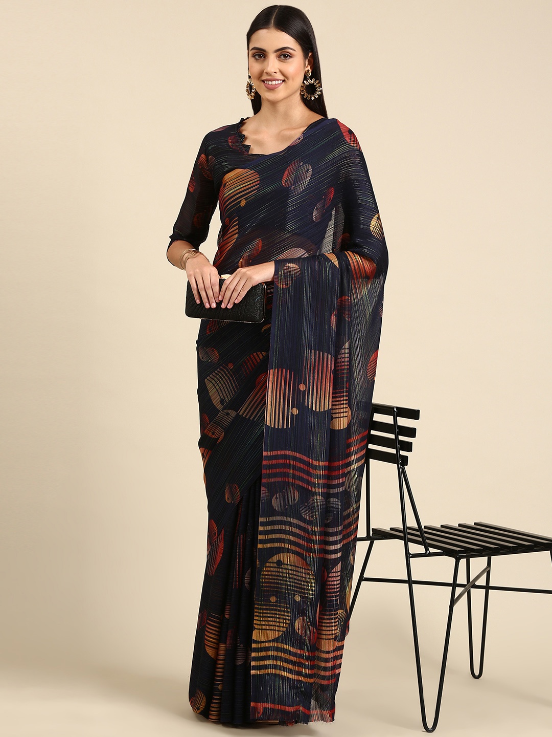 

Mitera Navy Blue Geometric Printed Pure Georgette Saree