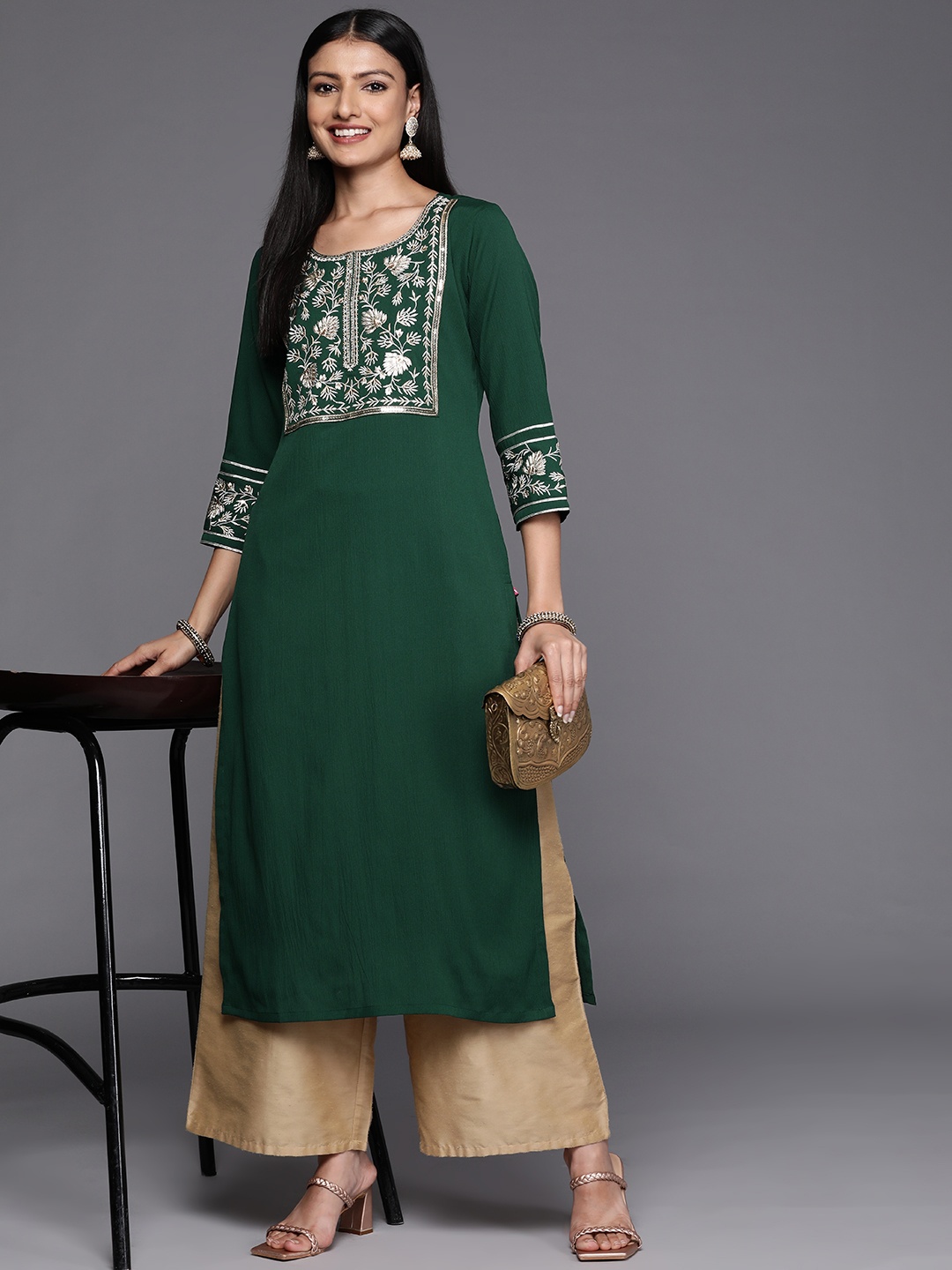 

Varanga Women Green Ethnic Motifs Yoke Design Sequined Kurta