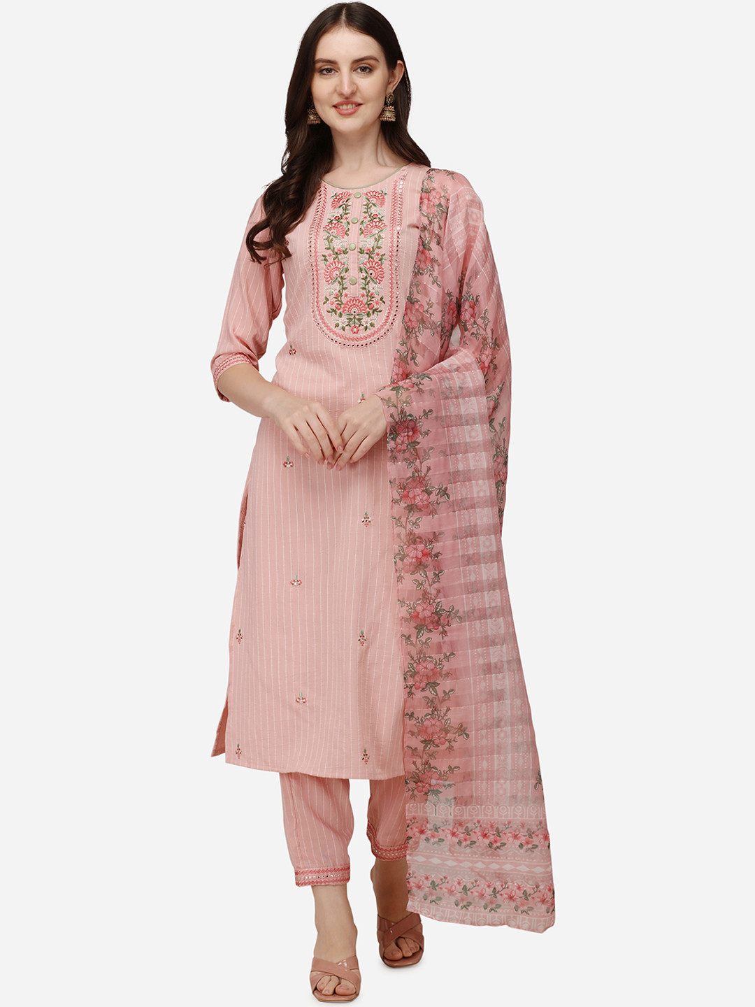 

Berrylicious Peach Floral Embroidered Mirror Work Cotton Kurta with Trouser & Dupatta
