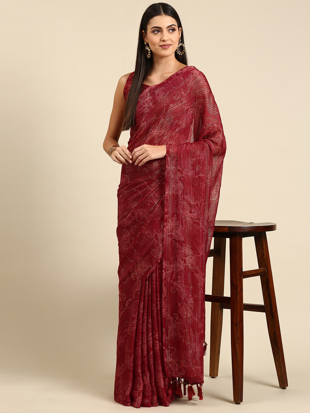 

Mitera Red Floral Beads & Stones Pure Georgette Saree