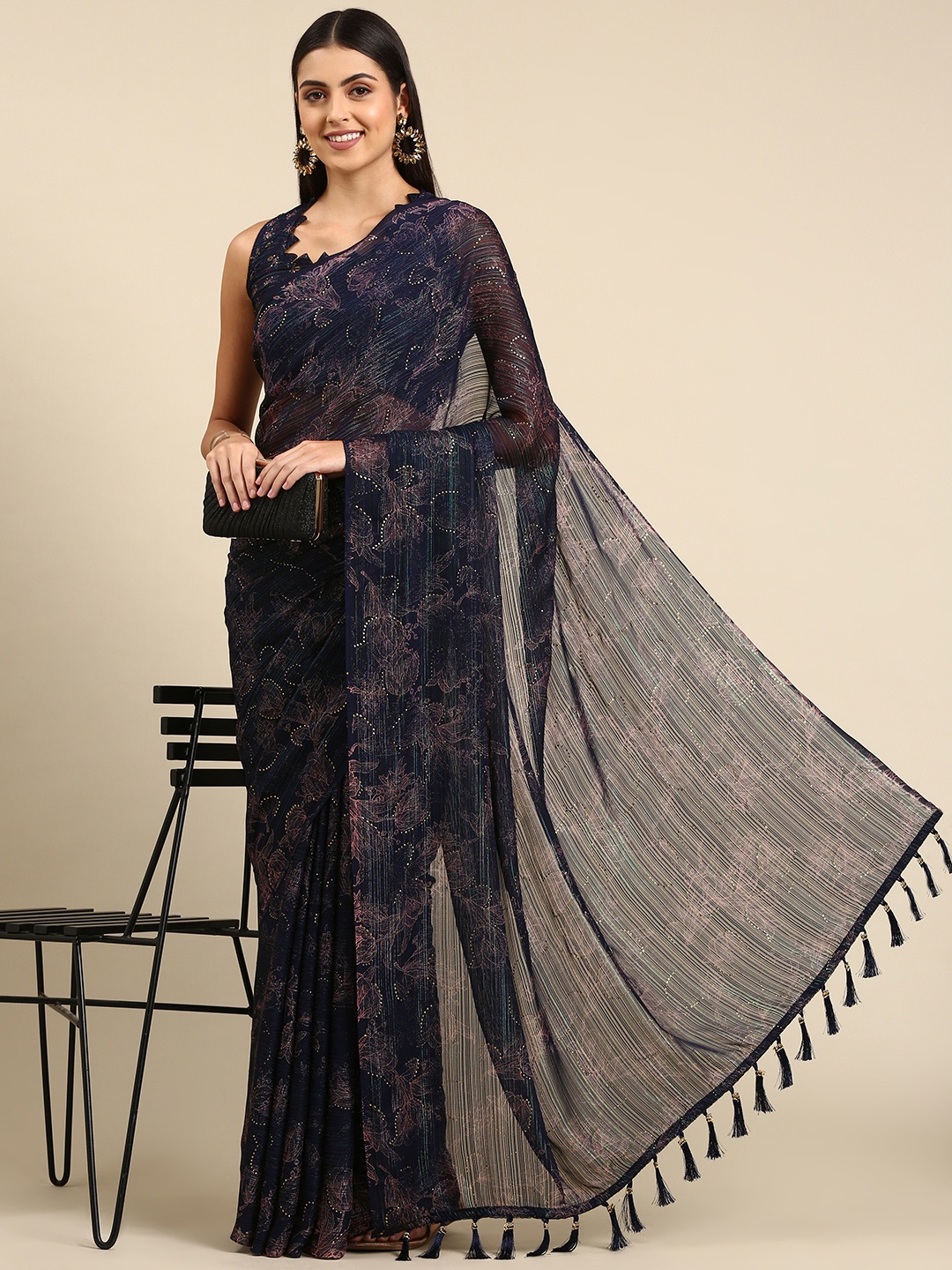 

Mitera Navy Blue Floral Beads & Stones Pure Georgette Saree