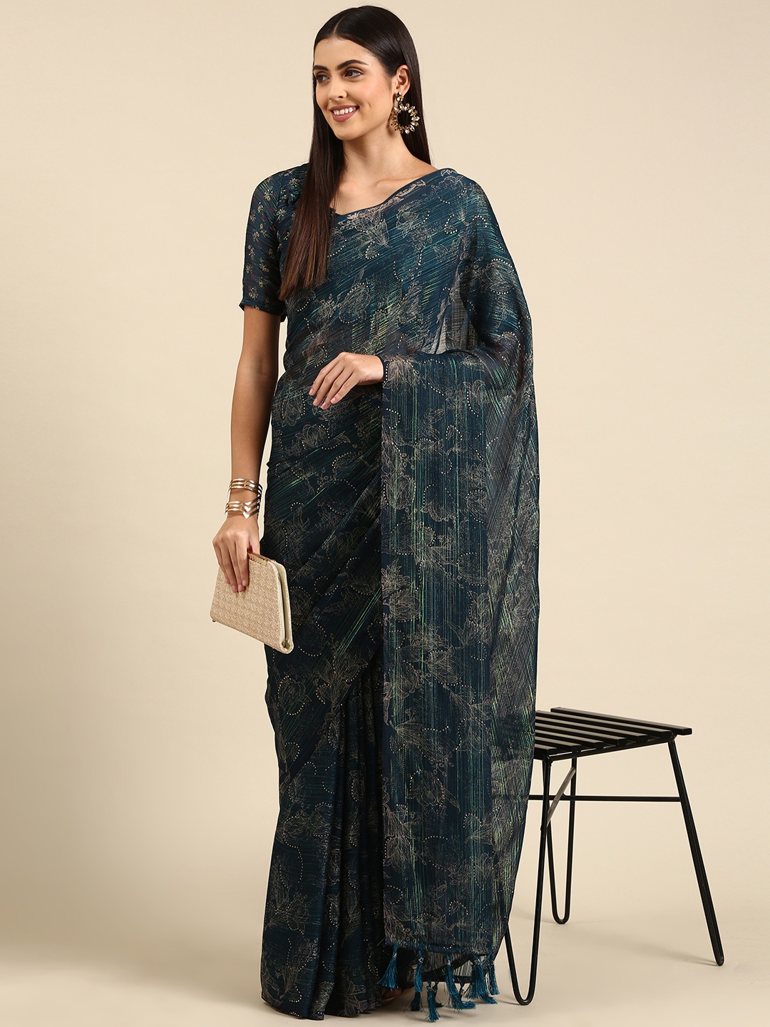 

Mitera Blue Floral Beads & Stones Pure Georgette Saree
