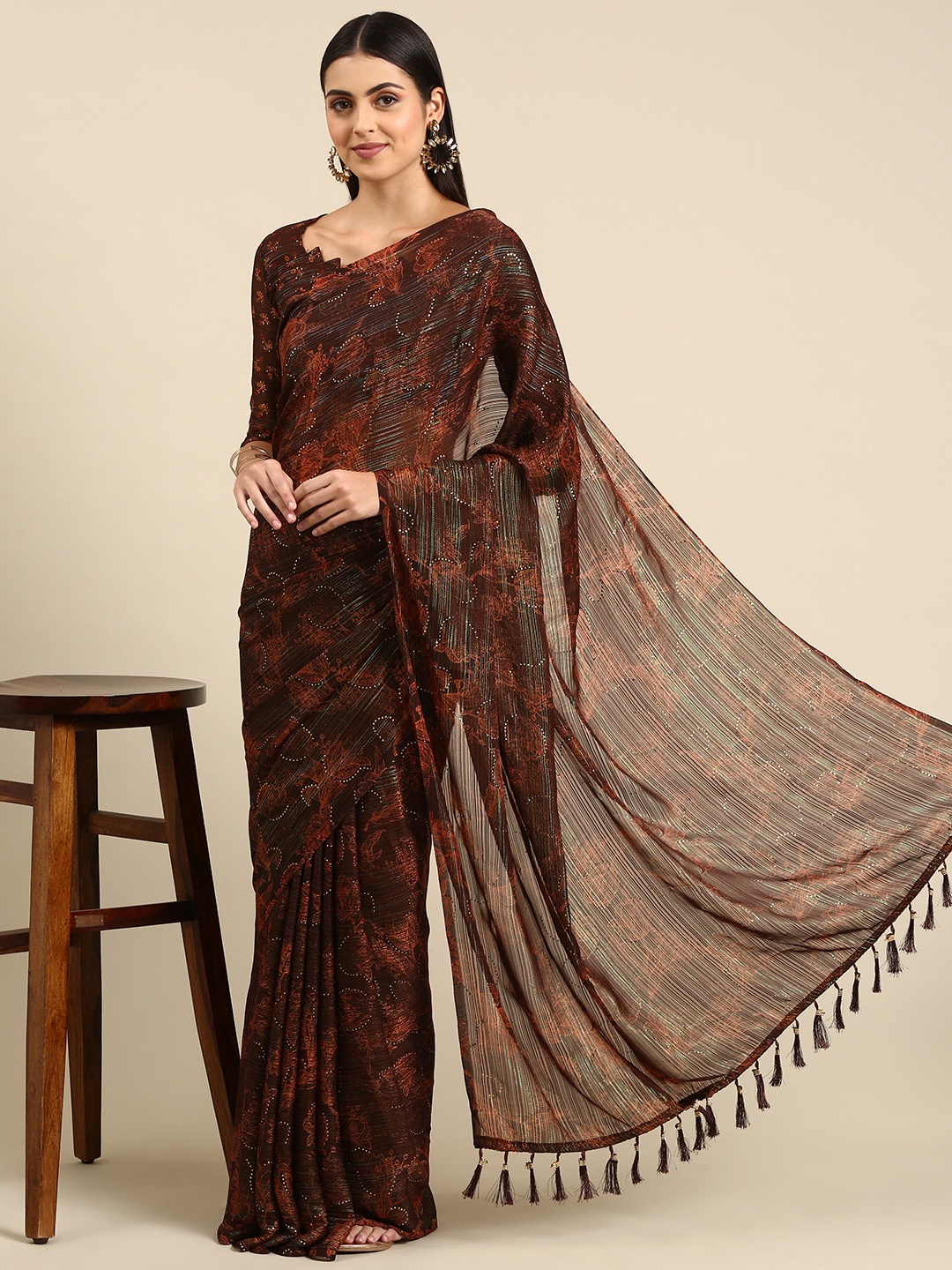 

Mitera Brown Floral Beads & Stones Pure Georgette Saree
