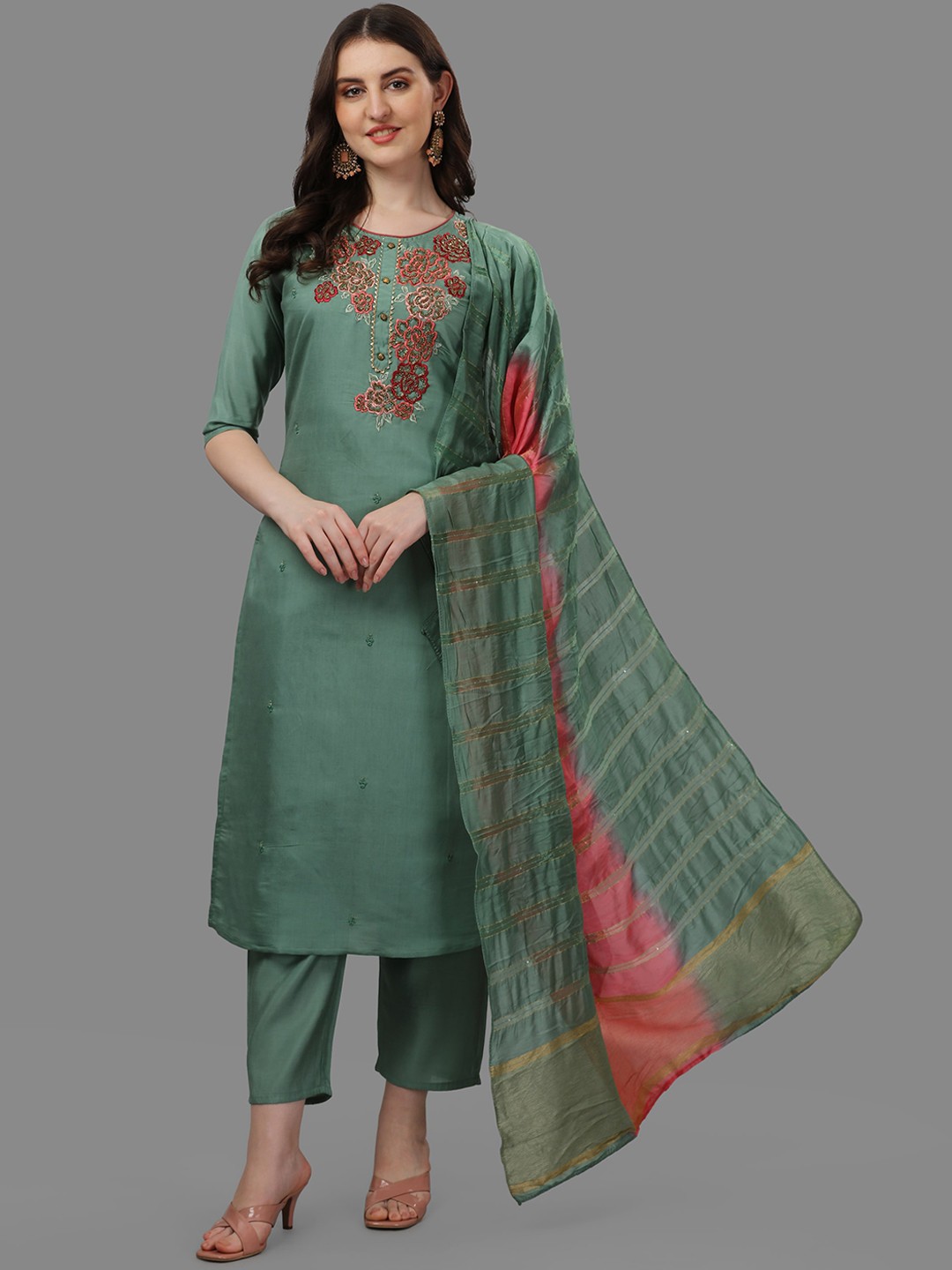 

Berrylicious Green Floral Embroidered Chanderi Cotton Kurta with Trouser & Dupatta
