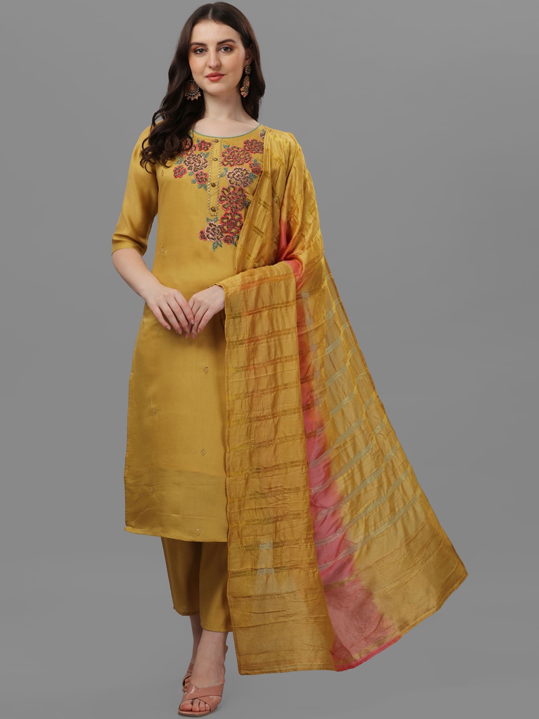 

Berrylicious Mustard Yellow Embroidered Chanderi Cotton Kurta with Trouser & Dupatta