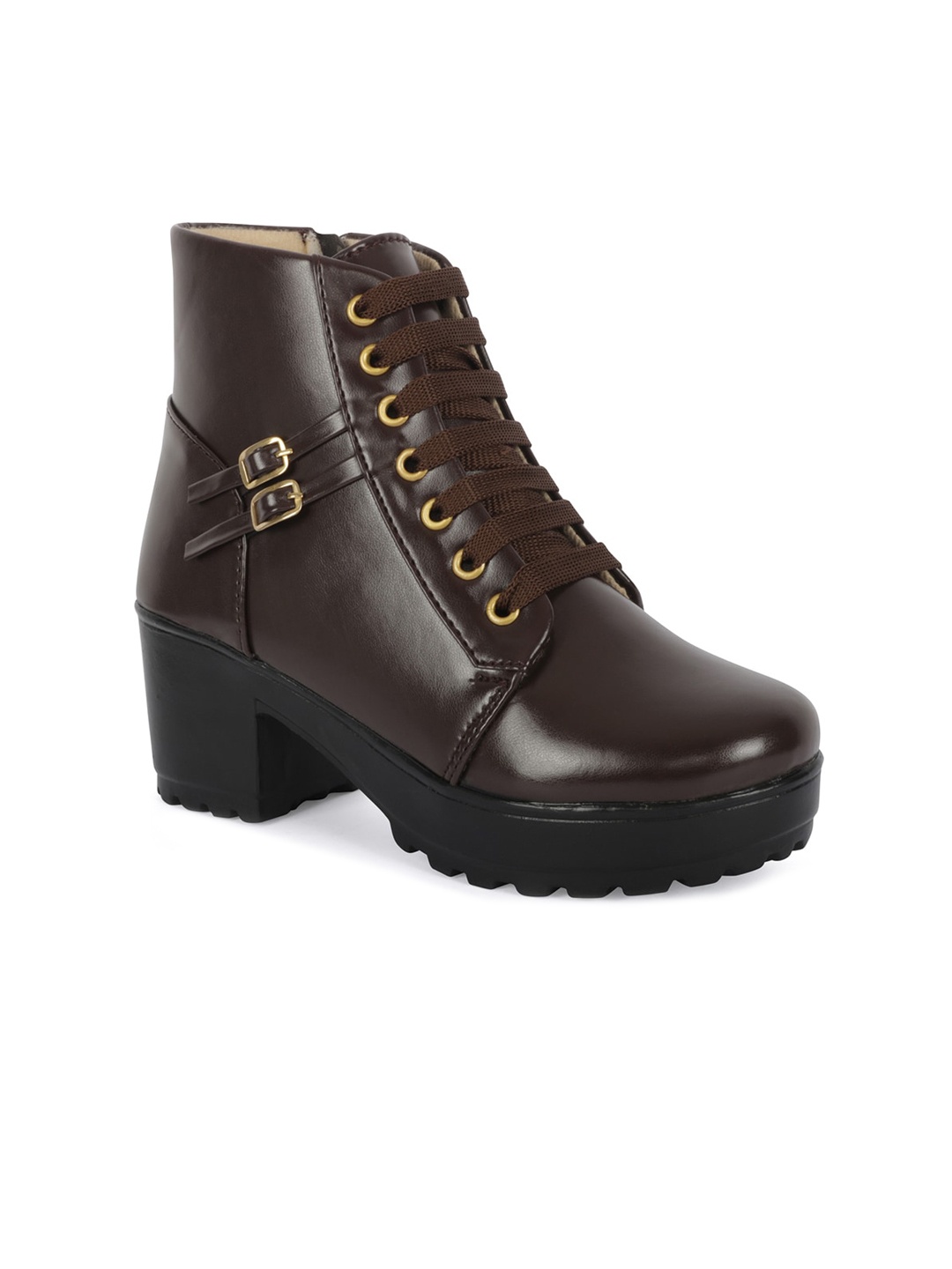 

ZAPATOZ Girls Brown PU Block Heel Boots with Buckles