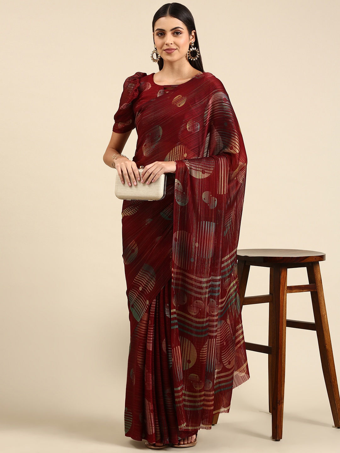 

Mitera Red Geometric Printed Pure Georgette Saree