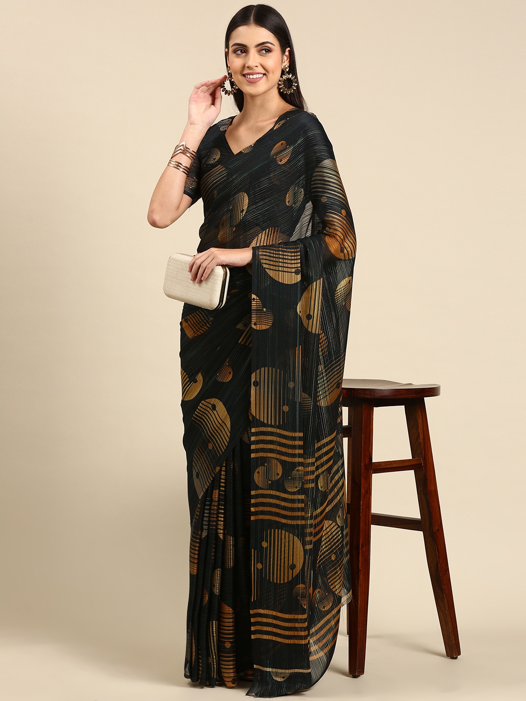 

Mitera Teal Geometric Printed Pure Georgette Saree