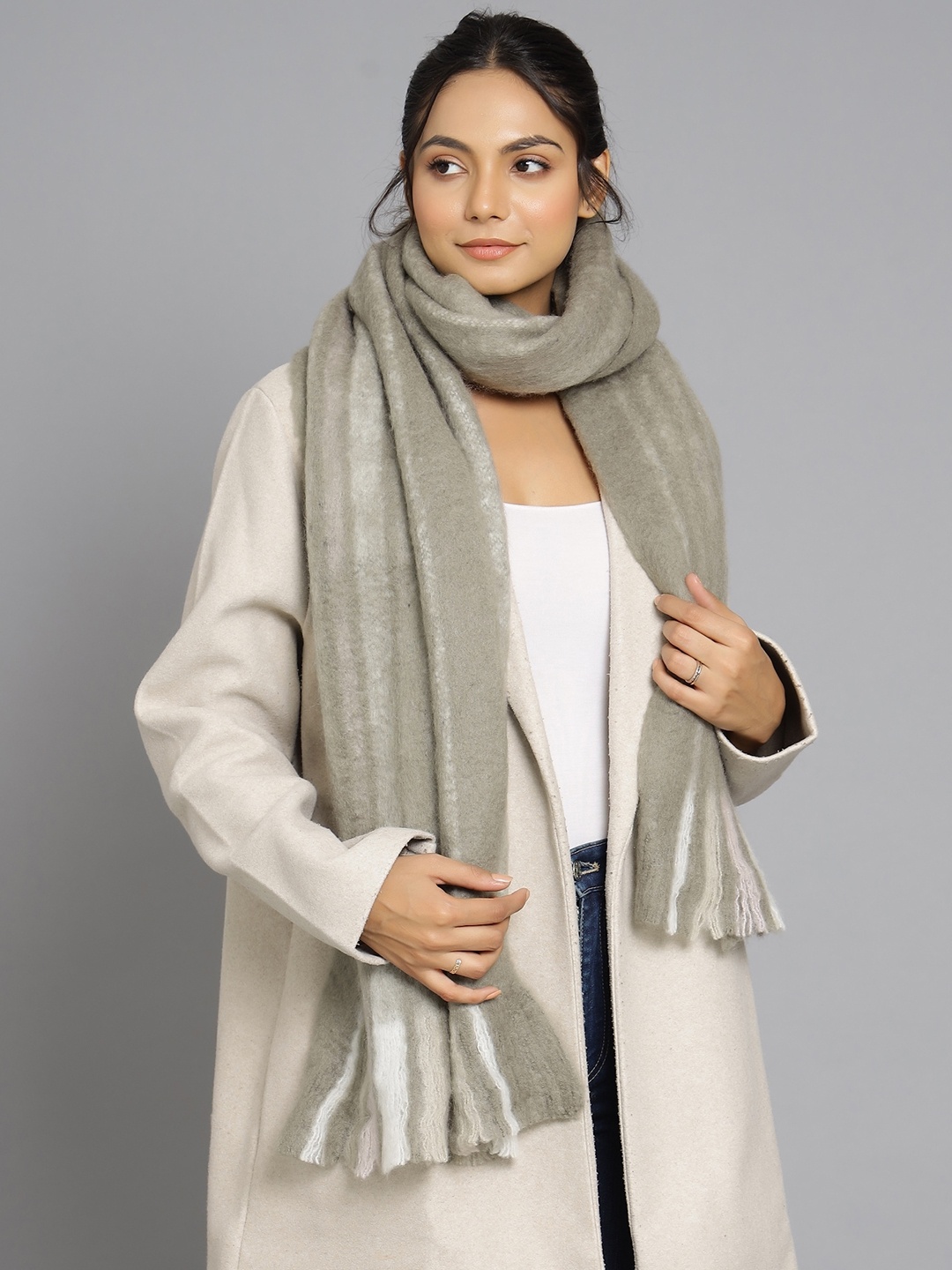 

HANDICRAFT PALACE Women Grey & White Striped Acrylic Scarf