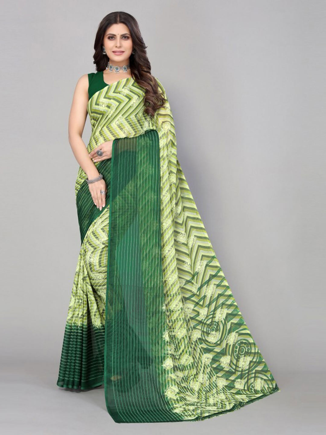 

Yashika Green & Beige Abstract Printed Poly Georgette Saree