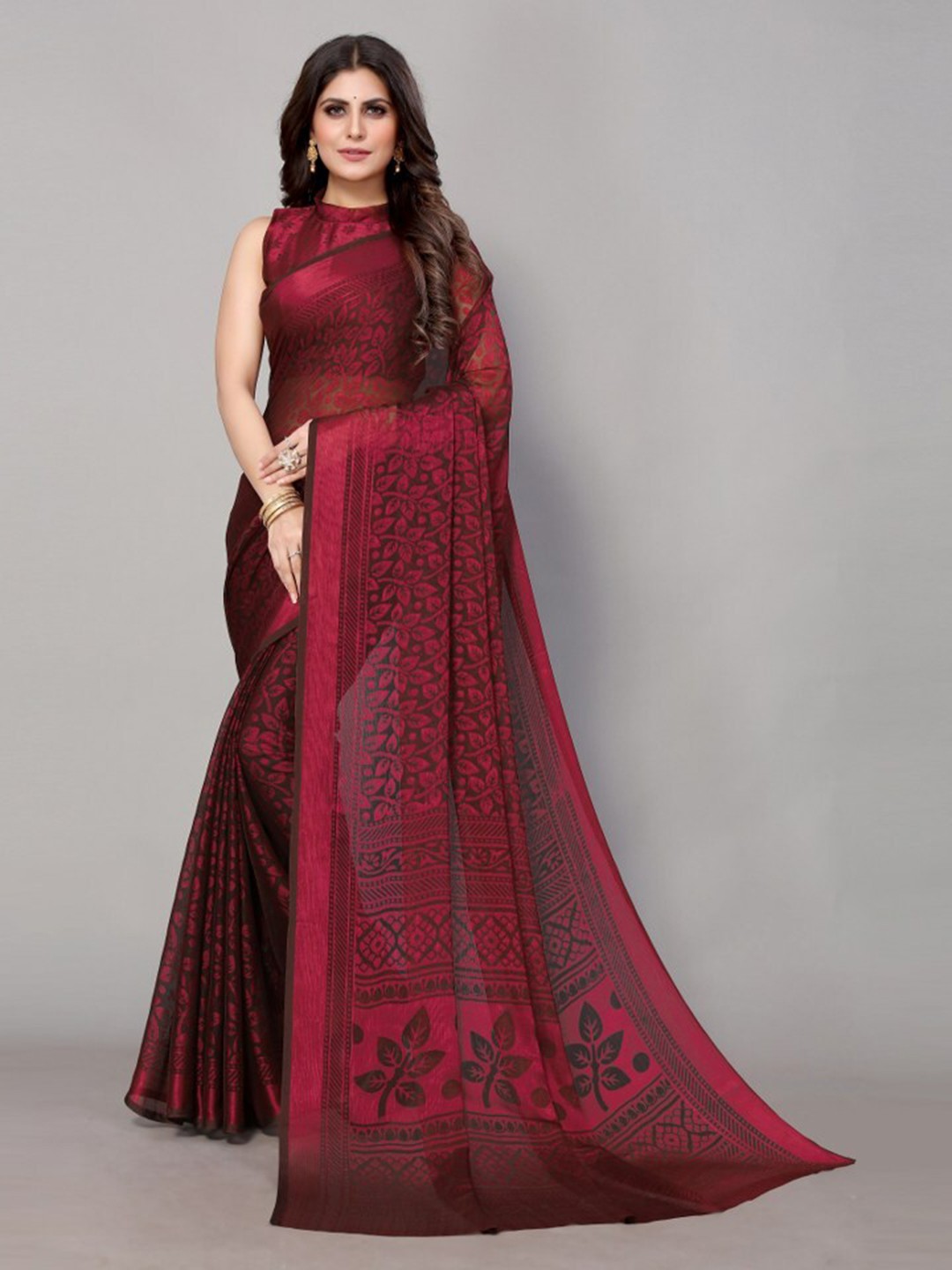 

Yashika Maroon & Black Floral Printed Poly Chiffon Saree