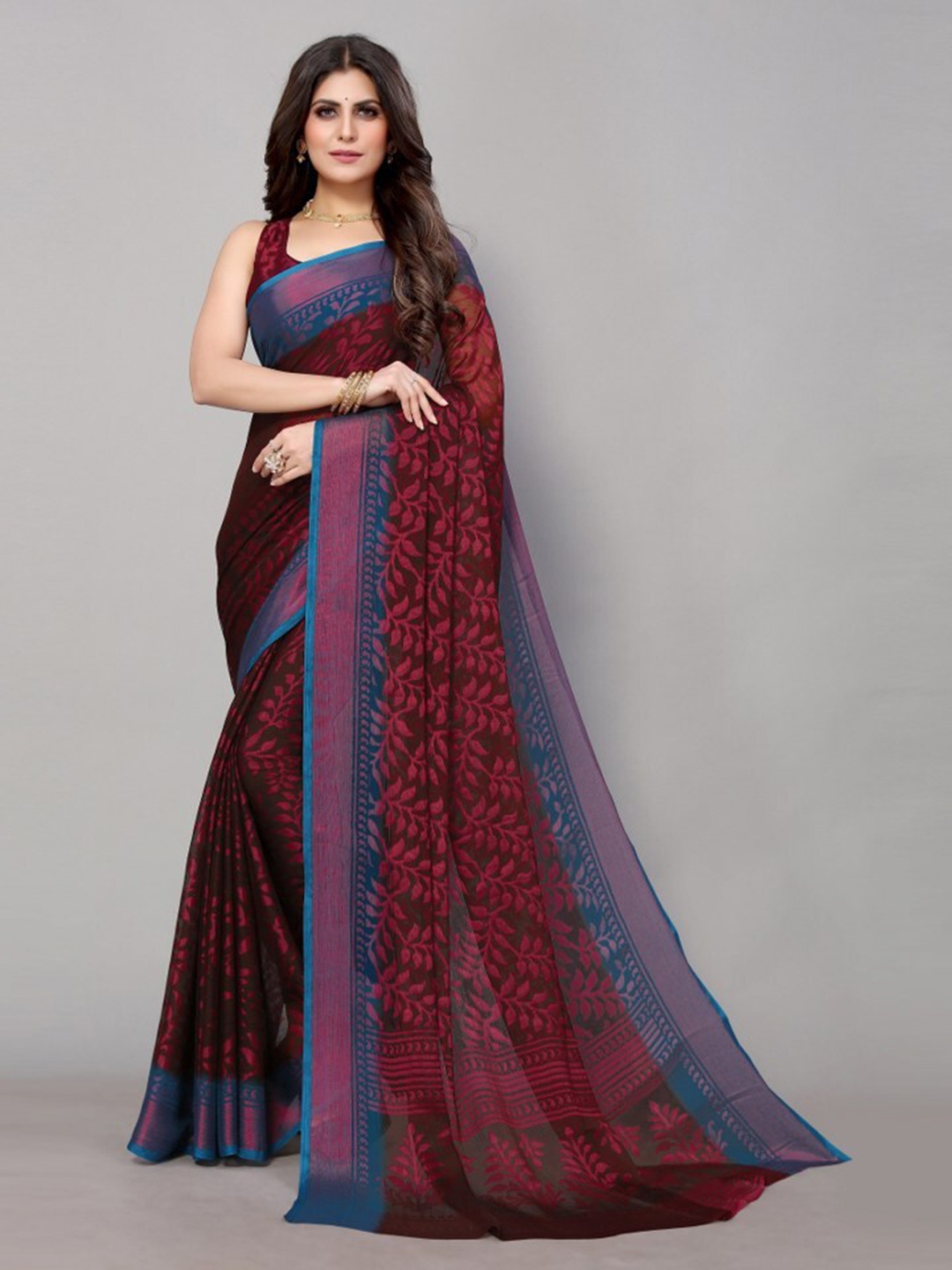 

Yashika Maroon & Blue Floral Printed Zari Linen Blend Saree