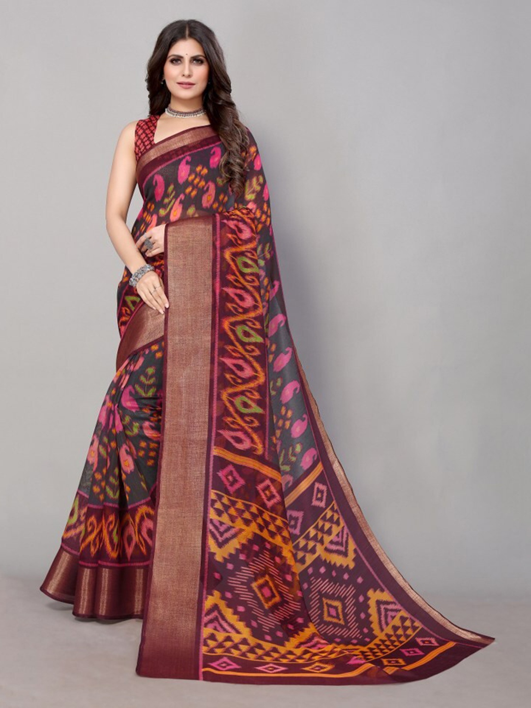 

Yashika Black & Orange Ethnic Motifs Printed Zari Linen Blend Saree