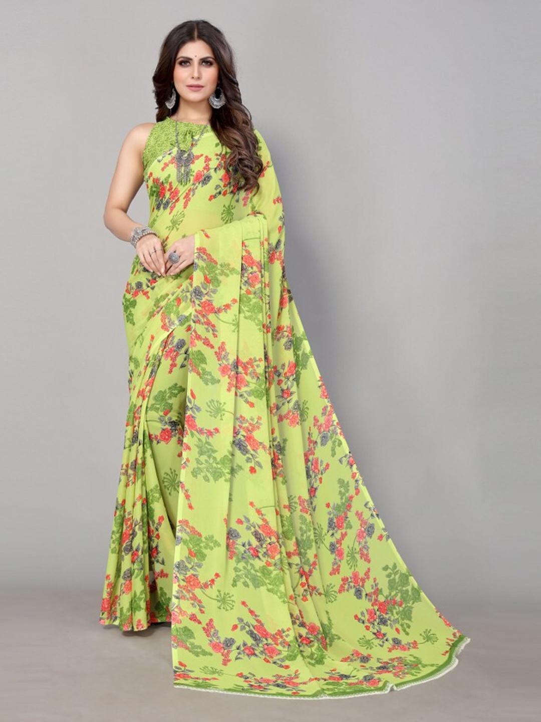 

Yashika Green & Pink Floral Printed Poly Silk Saree