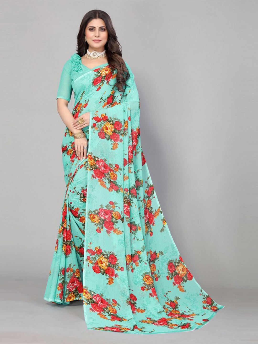 

Yashika Green & Red Floral Printed Poly Georgette Saree
