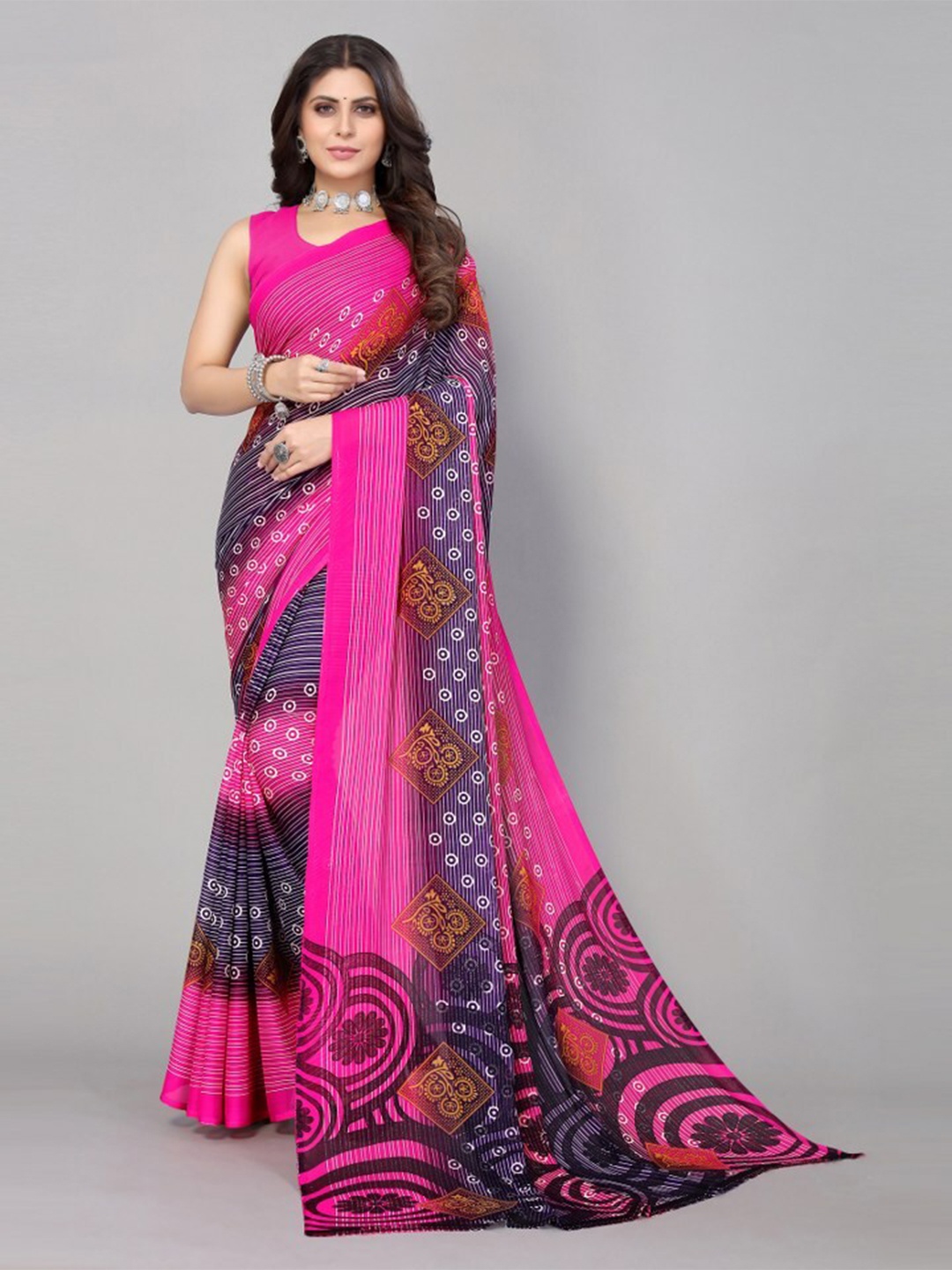 

Yashika Pink & White Bandhani Printed Poly Georgette Saree