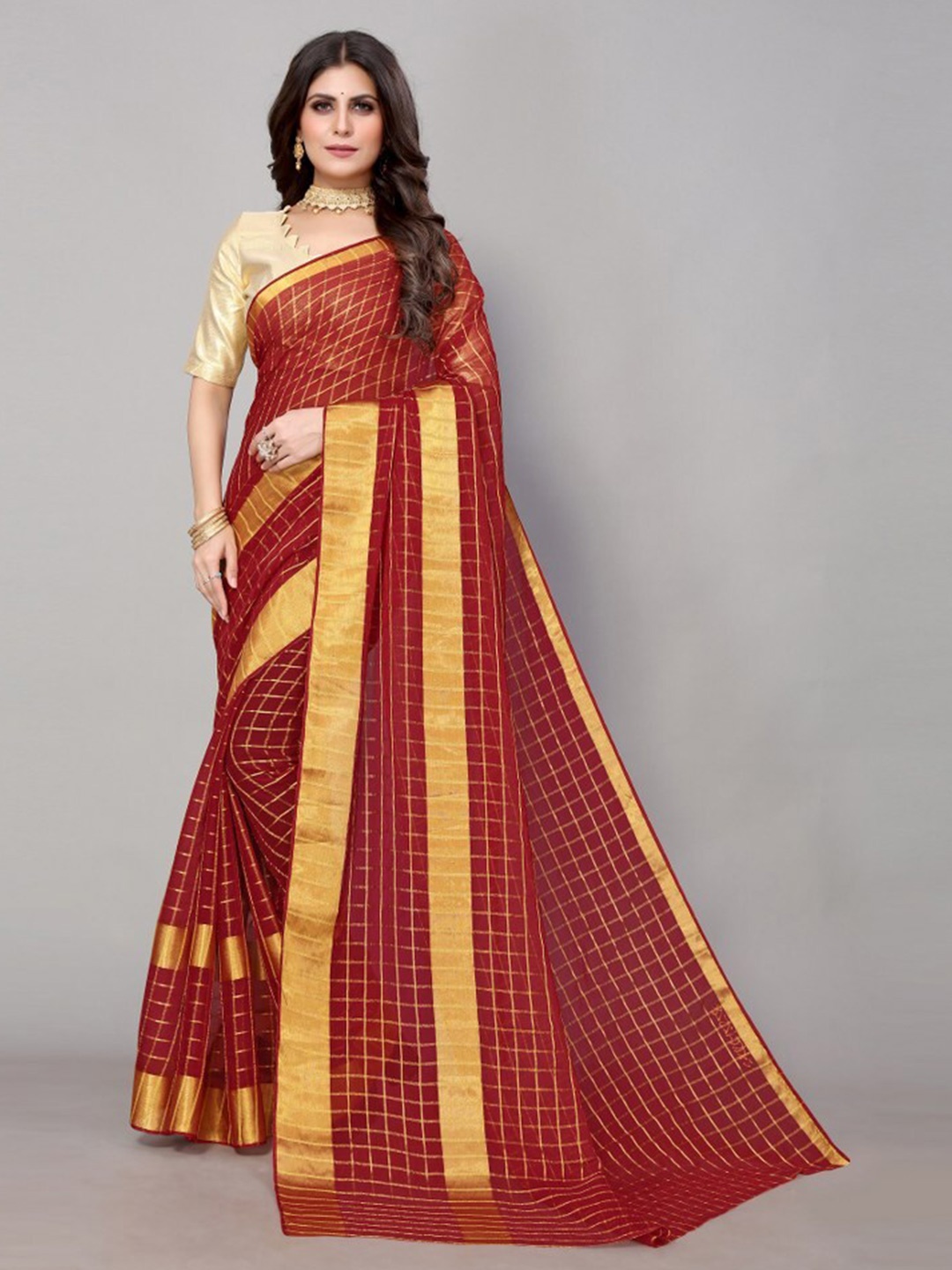 

Yashika Red & Gold-Toned Checked Zari Poly Chiffon Saree