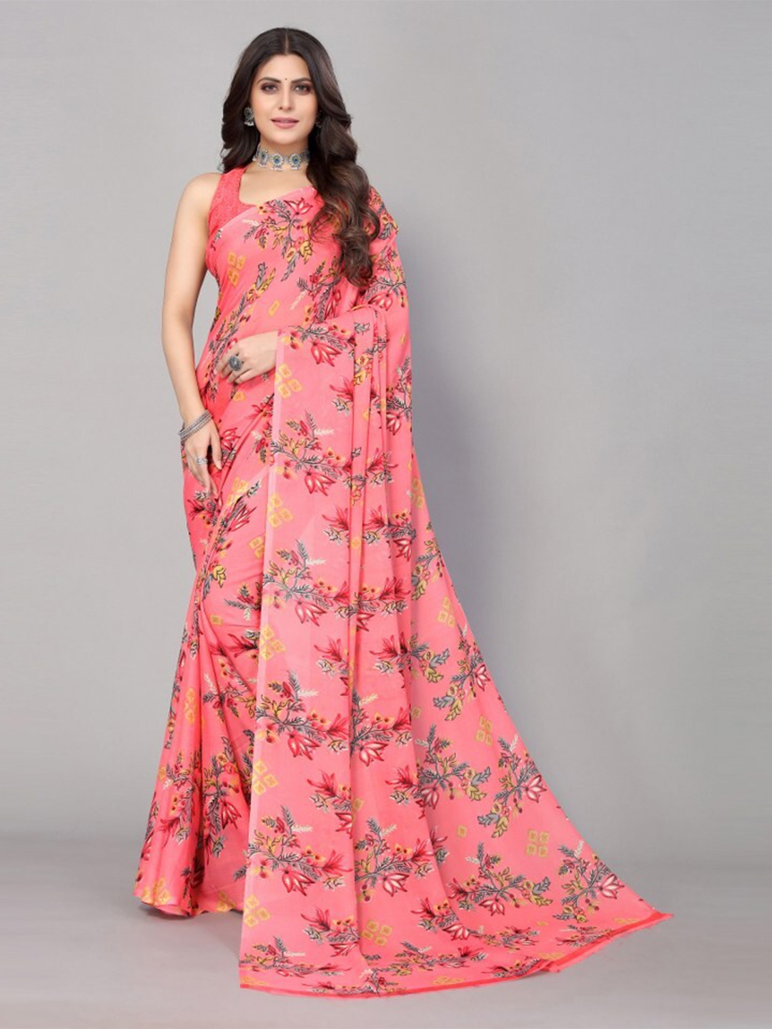 

Yashika Peach-Coloured & Grey Floral Printed Poly Georgette Saree