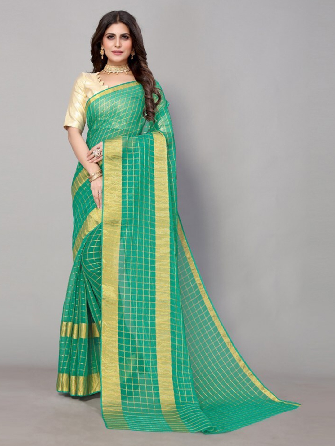 

Yashika Green & Gold-Toned Checked Zari Poly Chiffon Saree