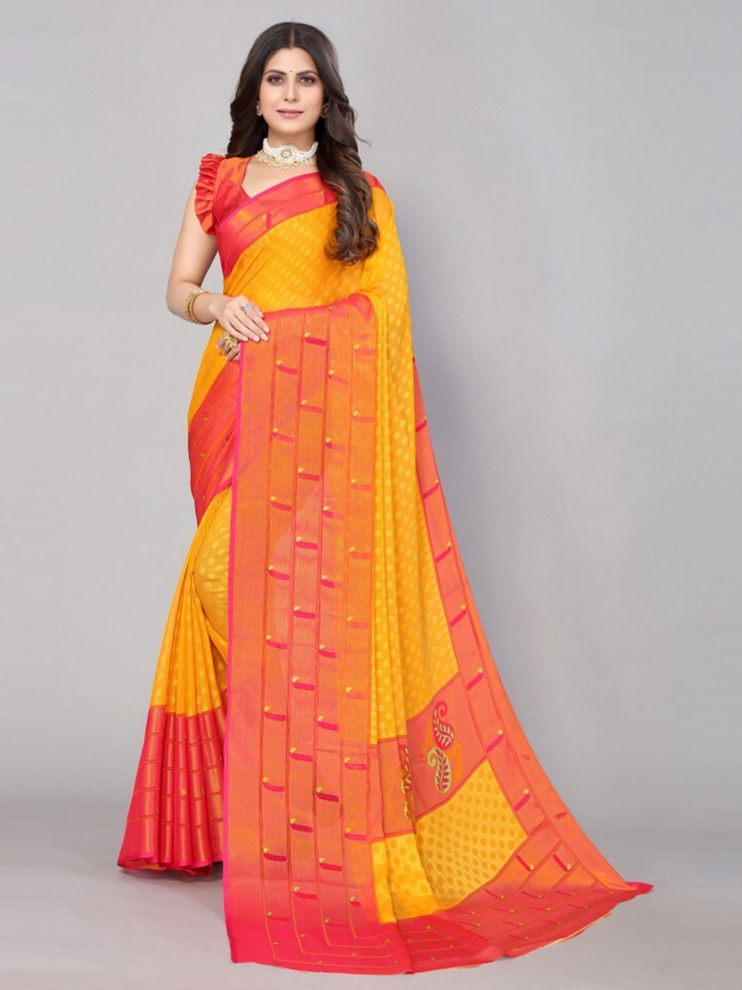 

Yashika Yellow & Red Poly Geometric Printed Georgette Saree