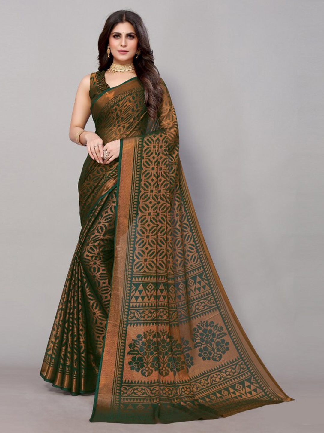 

Yashika Green & Copper-Toned Floral Printed Zari Poly Chiffon Saree