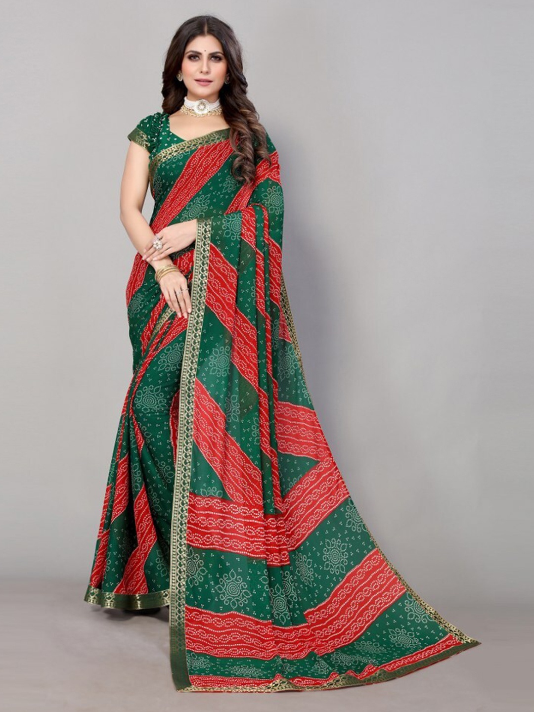 

Yashika Red & Green Bandhani Printed Poly Georgette Saree