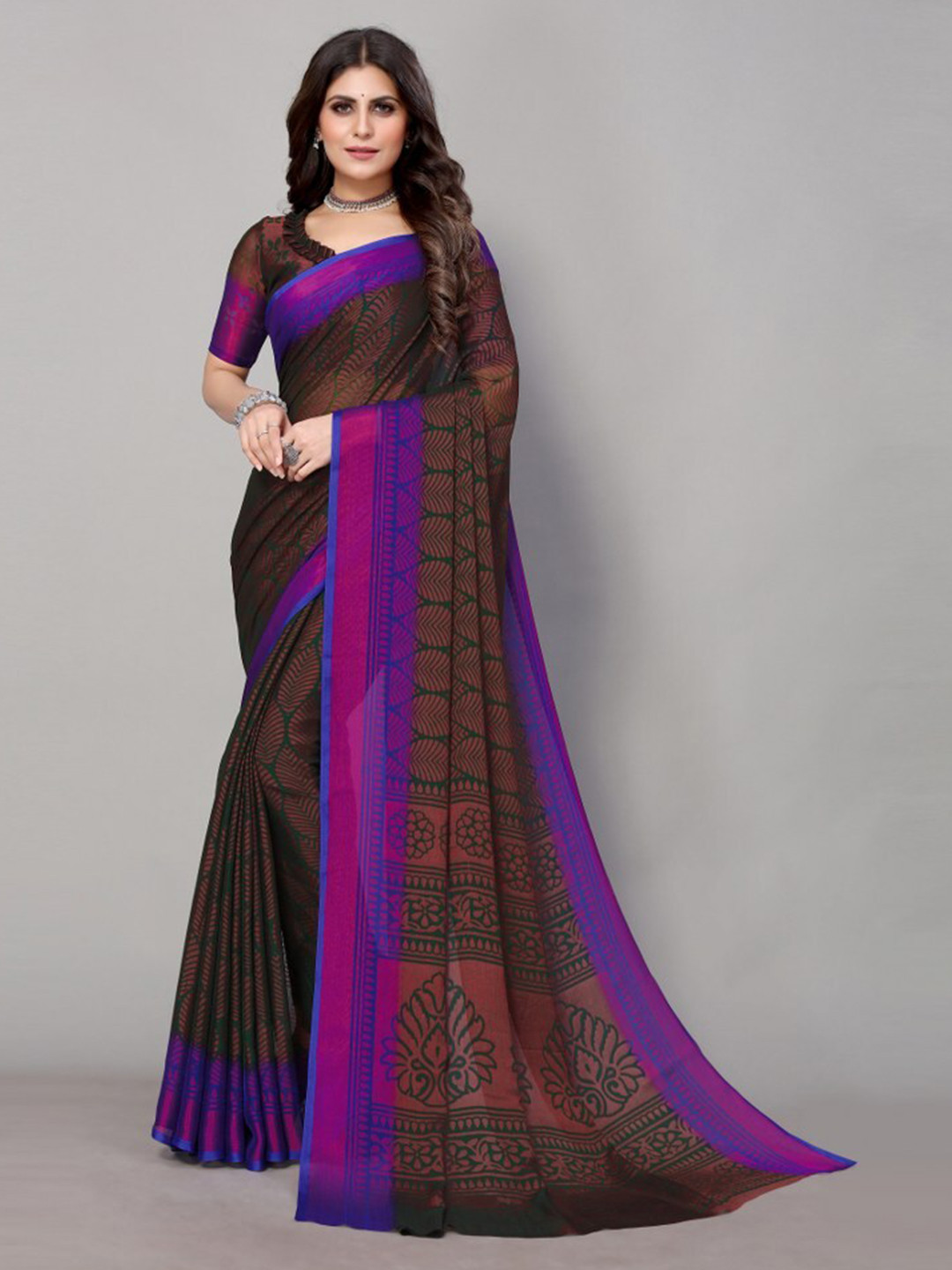 

Yashika Brown & Purple Printed Floral Zari Poly Chiffon Saree