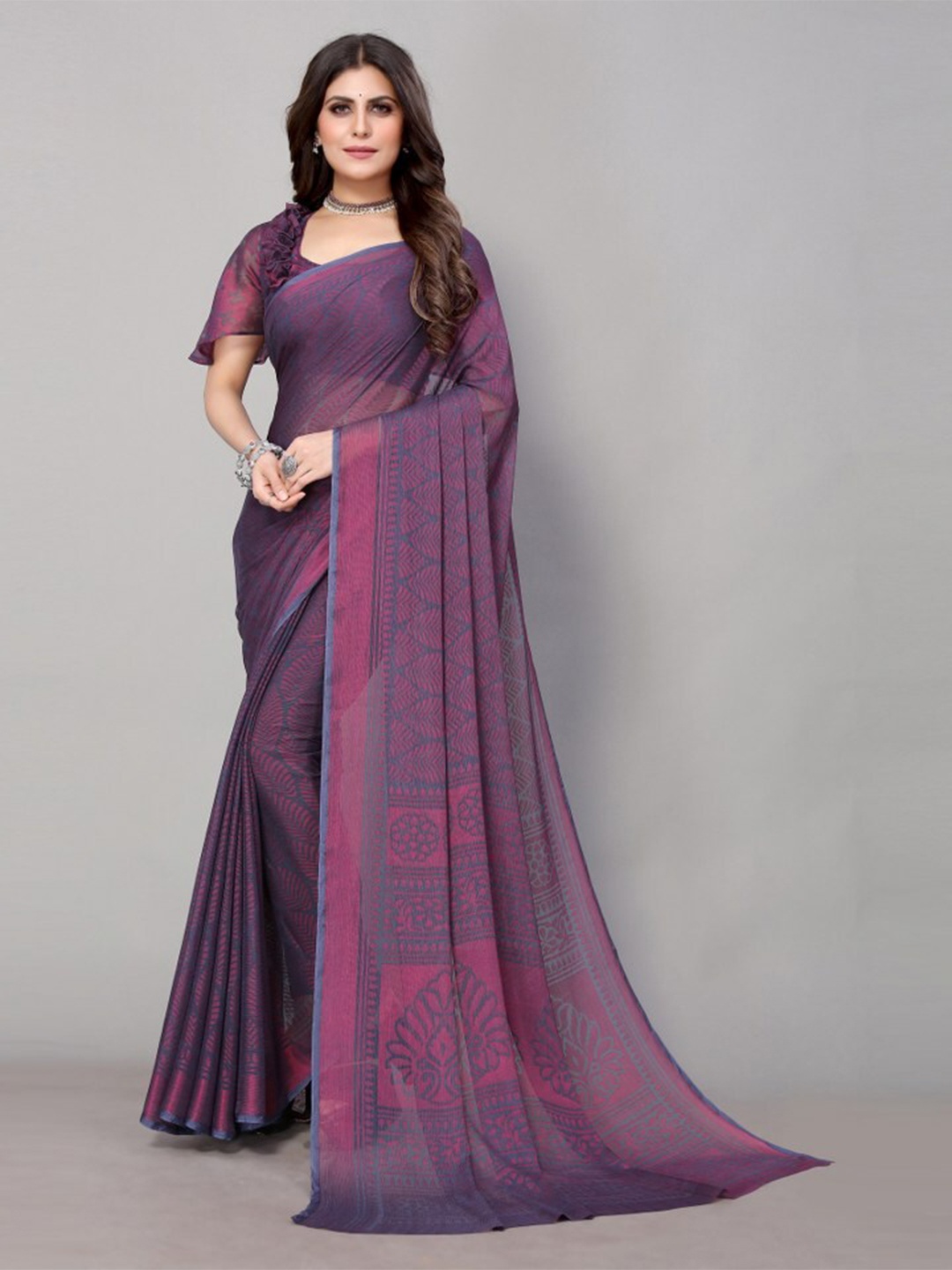 

Yashika Purple Floral Printed Poly Georgette Saree