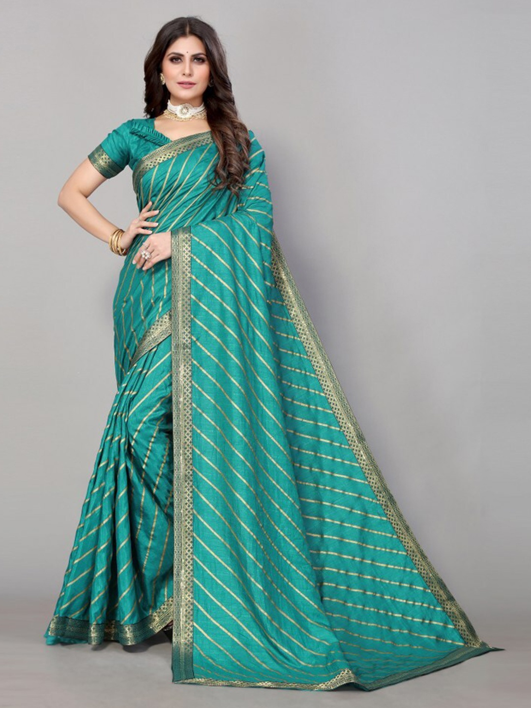 

Yashika Green & Gold-Toned Striped Poly Silk Saree