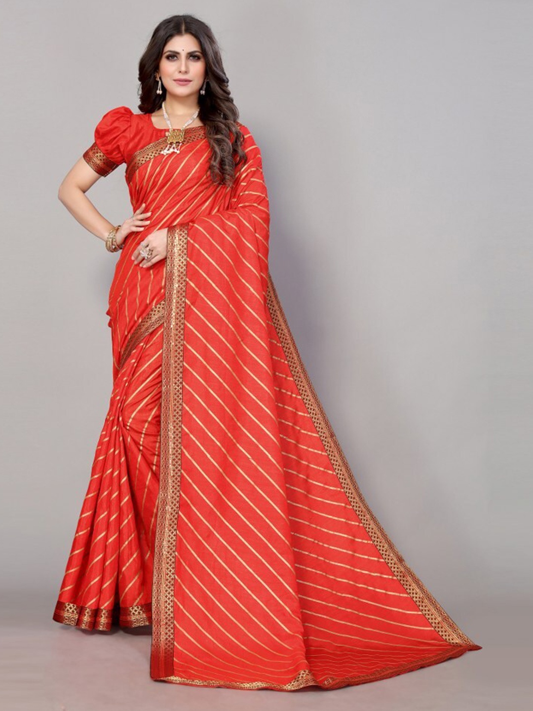 

Yashika Red & Gold-Toned Striped Poly Silk Saree