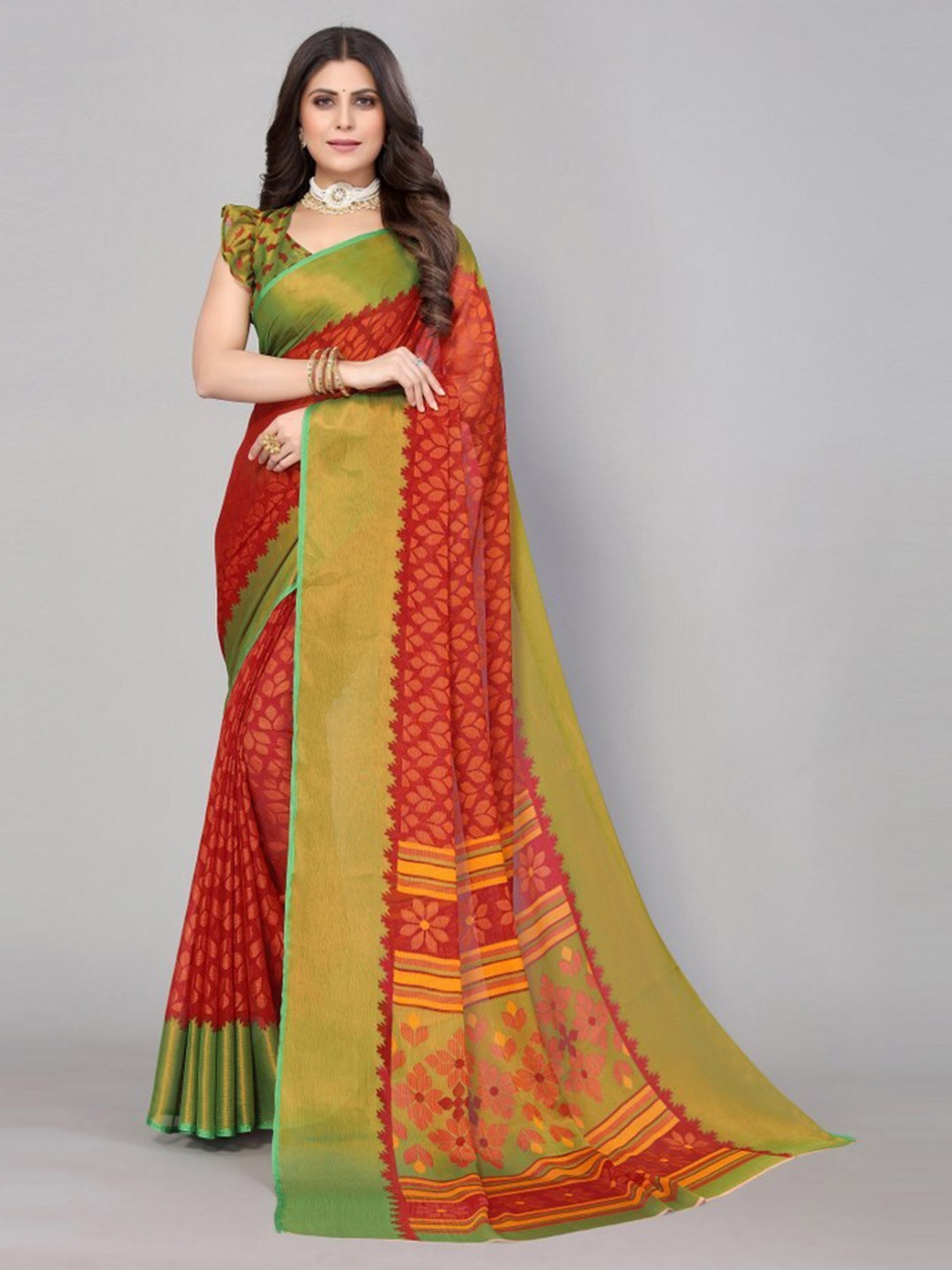 

Yashika Red & Green Woven Design Zari Linen Blend Saree