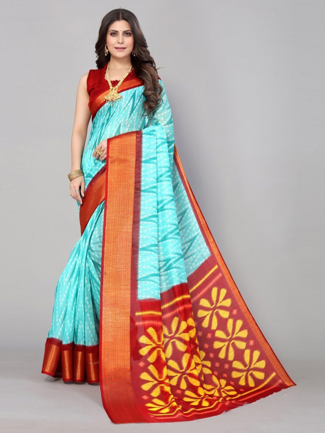 

Yashika Blue & Red Zari Linen Blend Saree