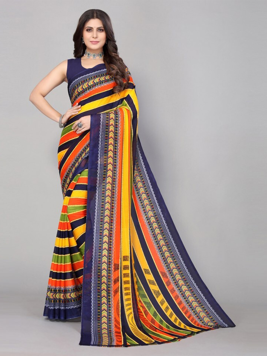 

Yashika Orange & Blue Striped Georgette Saree
