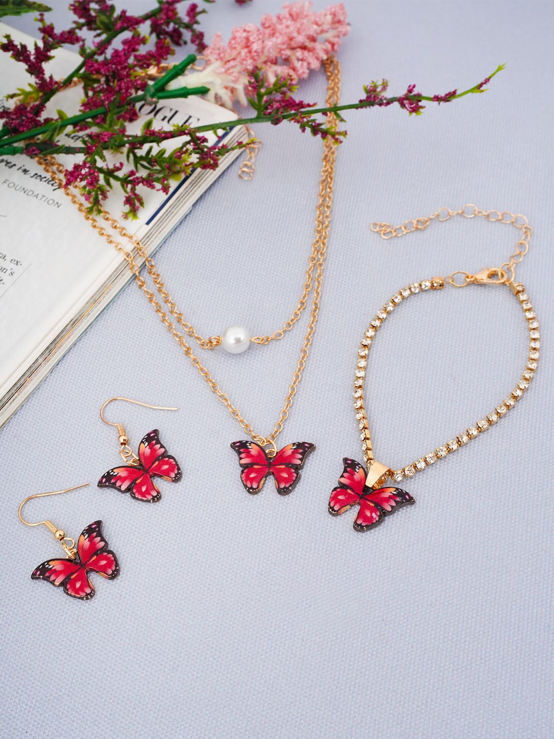 

Ferosh Gold-Toned Red Butterfly Designed Jewellery Set