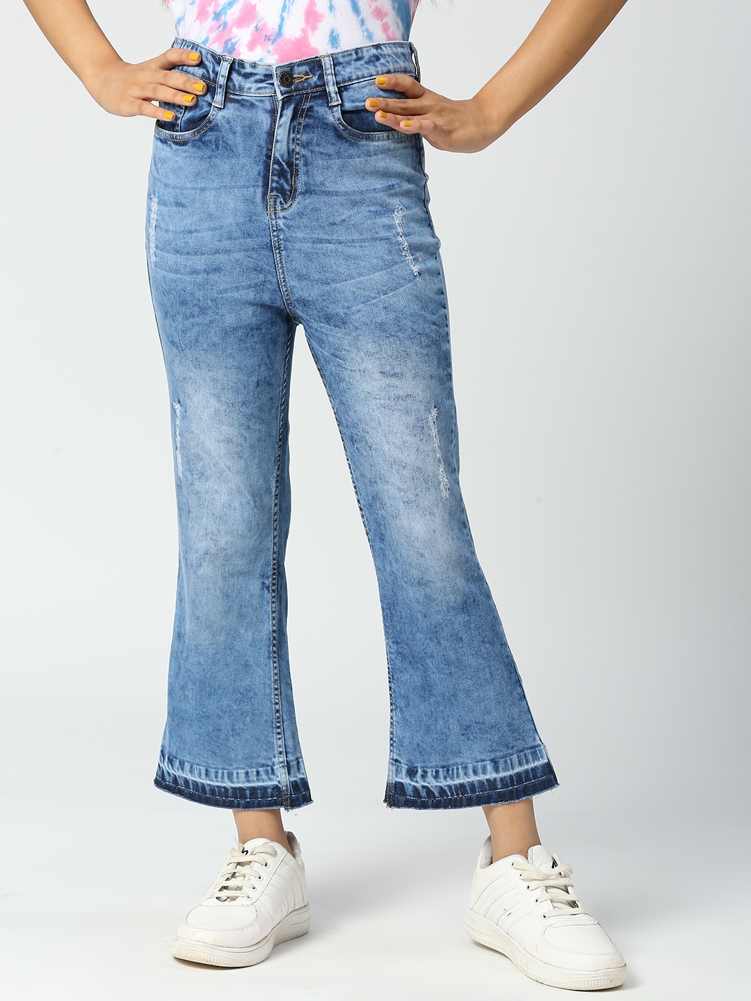 

JUSTICE Girls Blue Mildly Distressed Flared Jeans