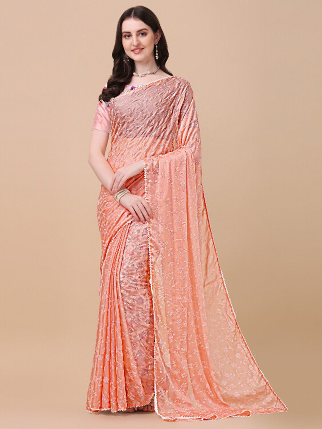 

KALINI Peach-Coloured Floral Saree