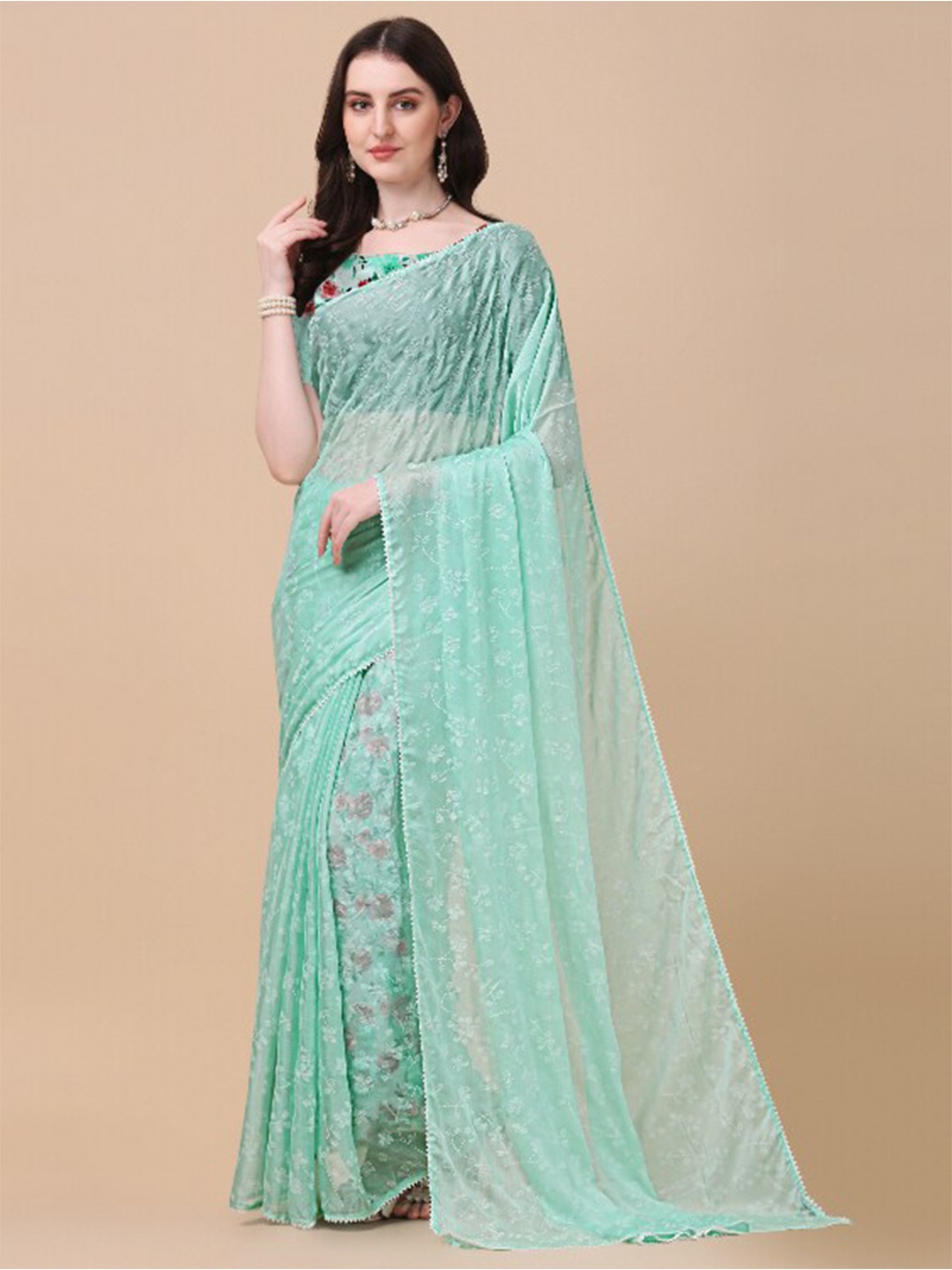 

KALINI Turquoise Blue Floral Embroidered Saree