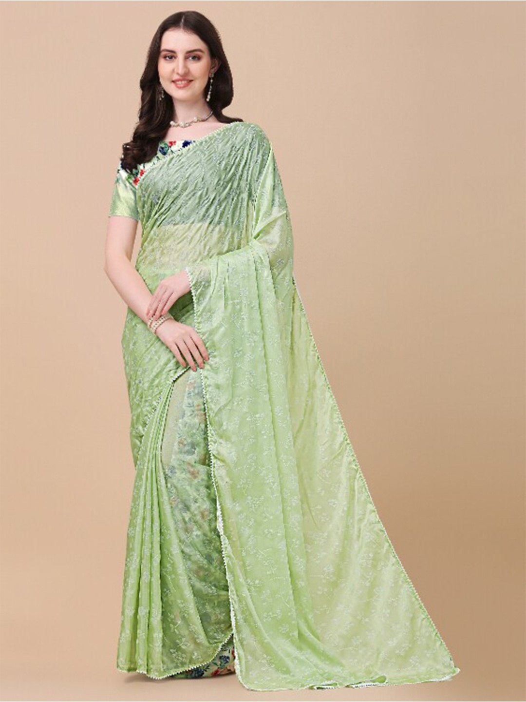 

KALINI Green & Silver-Toned Floral Embroidered Block Print Saree