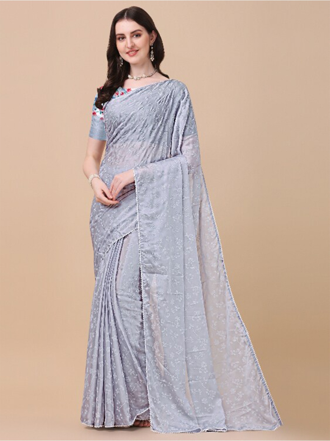 

KALINI Grey & Silver-Toned Floral Block Print Saree