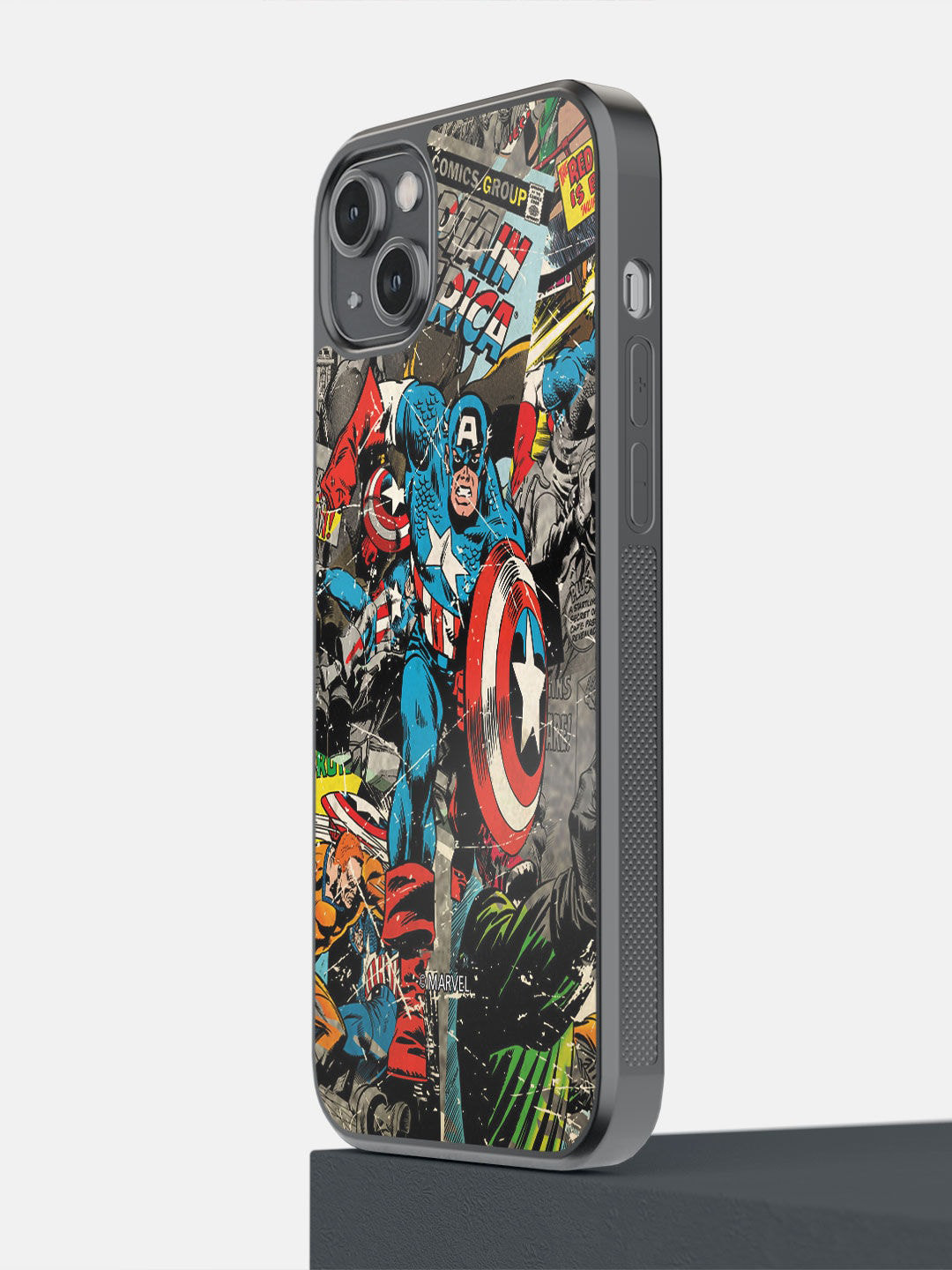 

macmerise Grey Comic Captain America Printed iPhone 14 Plus Bumper Case