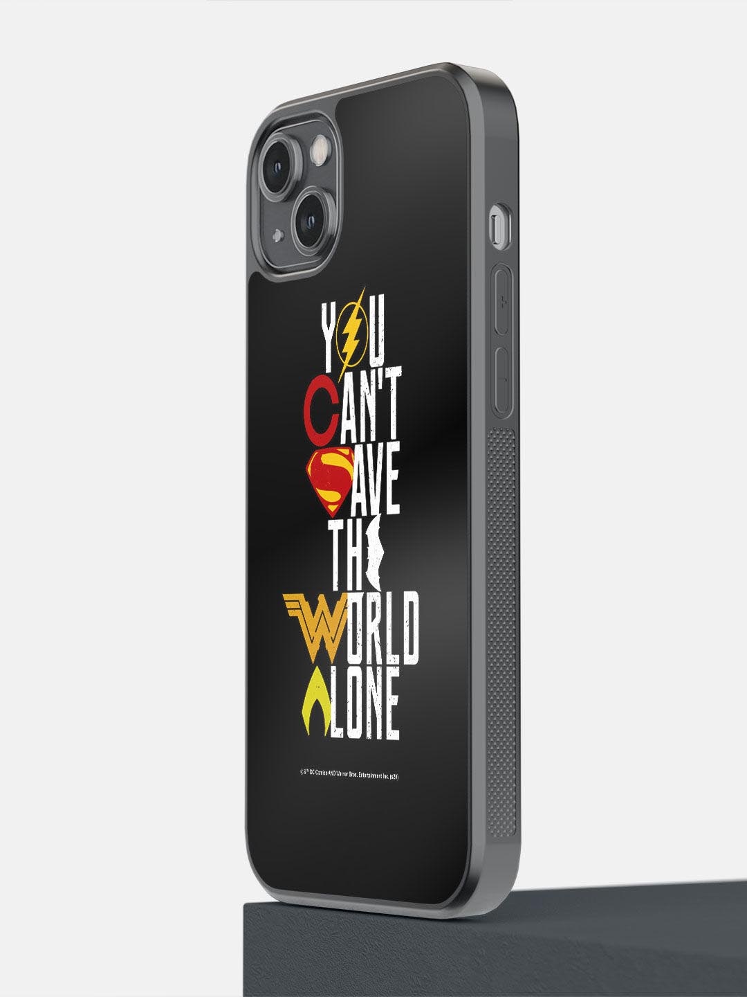 

macmerise Black Justice League Motto Printed iPhone 14 Plus Bumper Case
