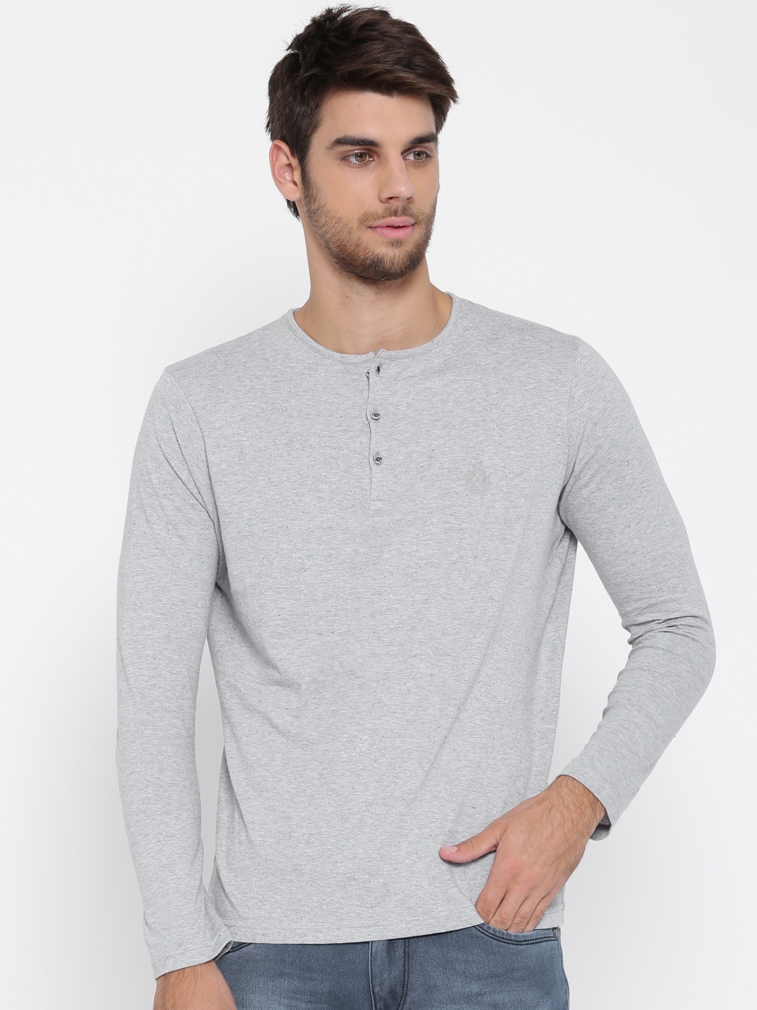 

Blackberrys Men Grey Melange Solid Henley Neck T-shirt