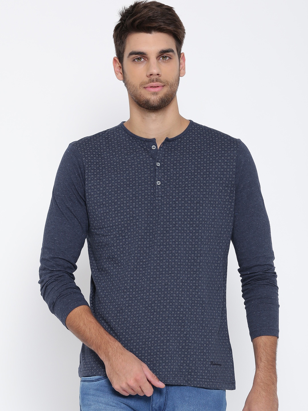 

Blackberrys Men Navy Blue Printed Henley Neck T-shirt